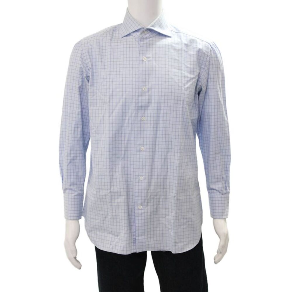 Tincati Mens Cutaway Spread Dress Shirt Light Blue Check 100% Cotton Size 16